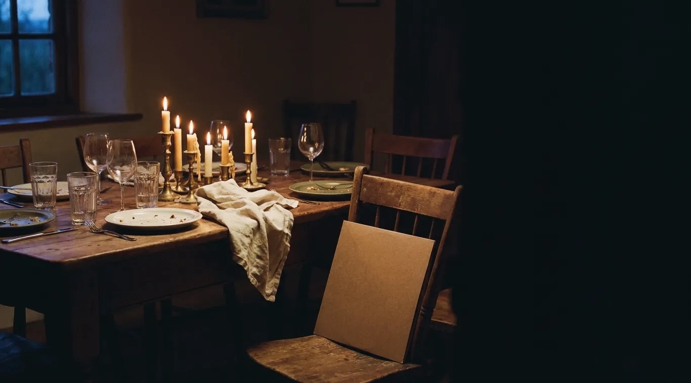 The same table late at night: candles burned low, empty glasses, napkins left behind.