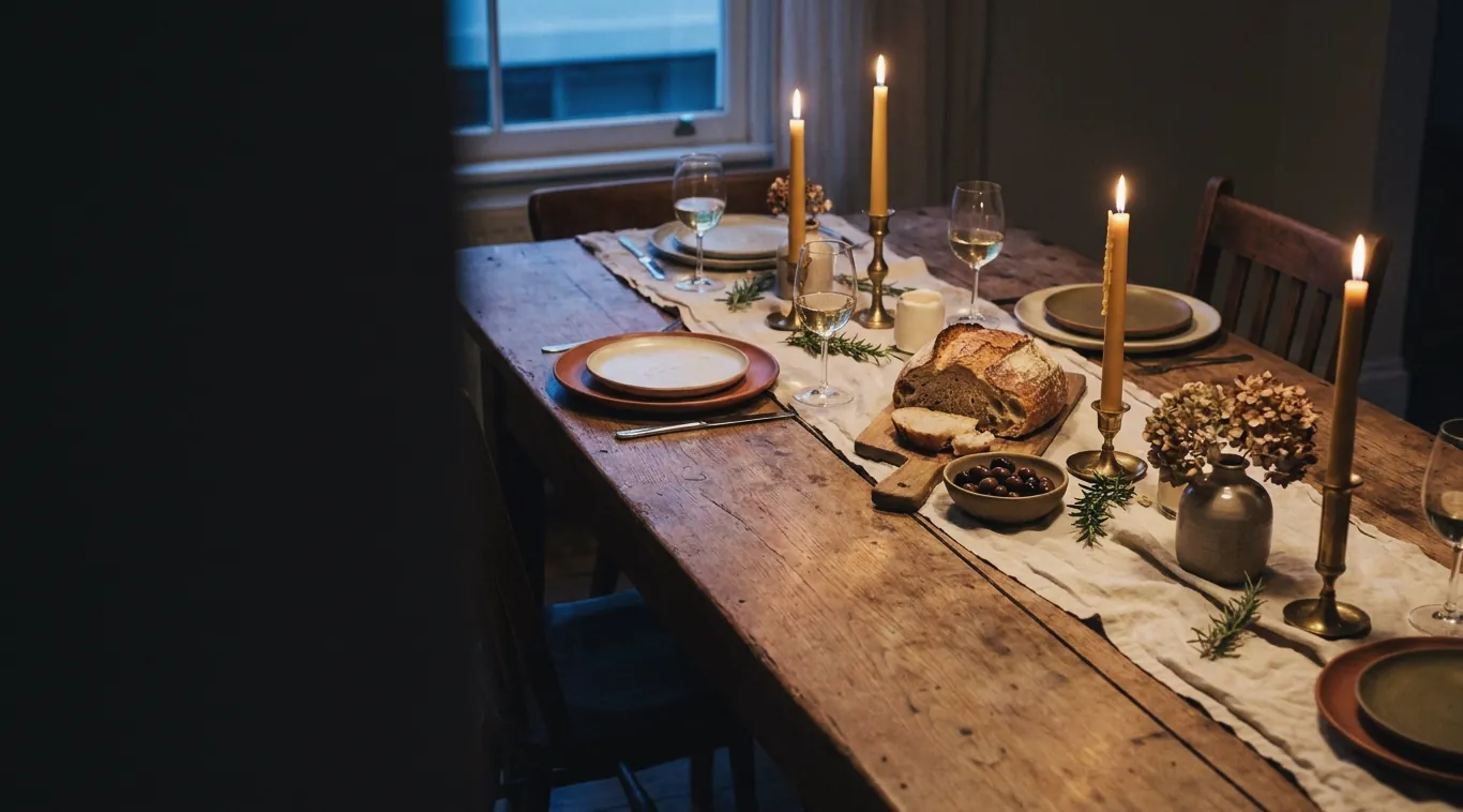 A long candlelit dinner table set with linen, bread and stoneware, just before guests sit down.